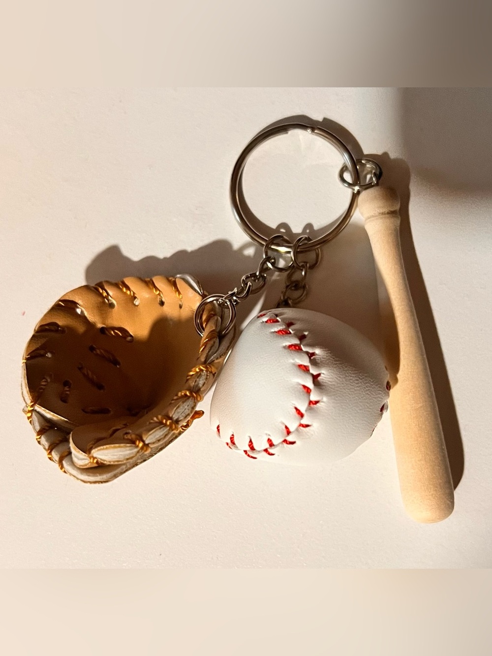 Baseball Glove, Ball & Bat Keychain - White, Tan, Red